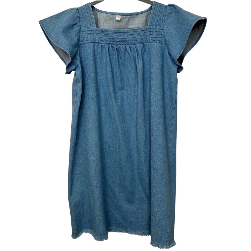 Women Light Wash‎ Denim Mini Dress Square Neck Puffy Sleeve Cottagecore Blue S